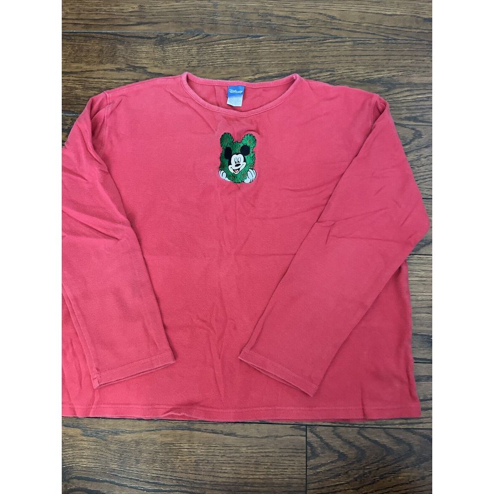 Disney Women Top XLarge Red T-Shirt Mickey Mouse Wreath Embroidered 3/4 Sleeve
